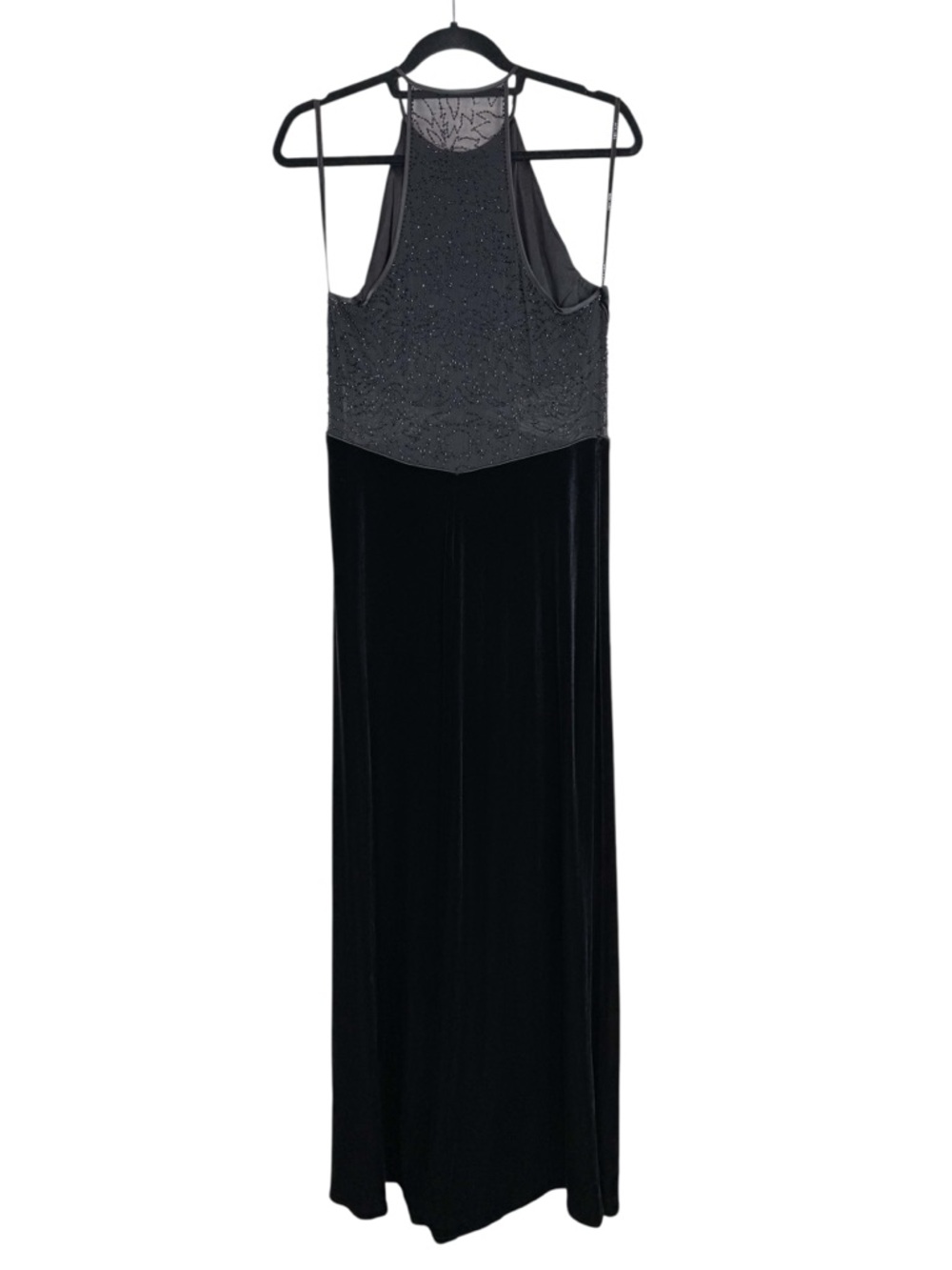 Vintage 90s Black Velvet High Neck Mesh Cutout Beaded Gown Full Length Dress - Picture 3 of 12